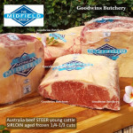 Beef Sirloin aged chilled Australia STEER young cattle MIDFIELD whole cuts +/- 5.5 kg/pc (price/kg) Striploin / New York Strip / Has Luar PREORDER 2-3 days notice